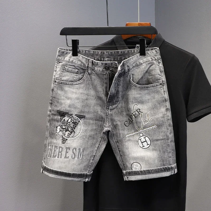 Gray Male Denim Shorts Graphic Selvedge with Text Baggy Men\'s Short Jeans Pants Wide Jorts Korean Fashion Summer Thin Trend 2024