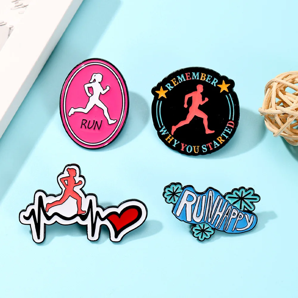 Cartoon Running Sports Brooch Lapel Pin ECG Health Marathon Metal Badge Punk Clothing Badge Accessories Jewelry Friends Gifts
