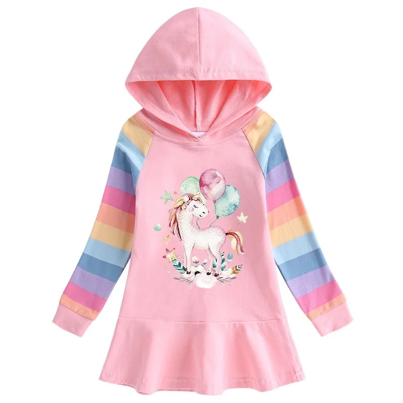 Unicorn Princess Dress Cotton 2024 Autumn Toddler Kids Dresses Girls for Children Birthday Party Clothes Costume Hooded Rainbow