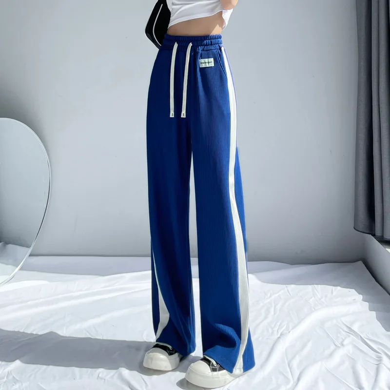 

Korean Style Chic Elastic Waist Drawstring Pants for Women Casual Straight Pants Fashion Solid Ladies Baggy Wide Leg Trousers