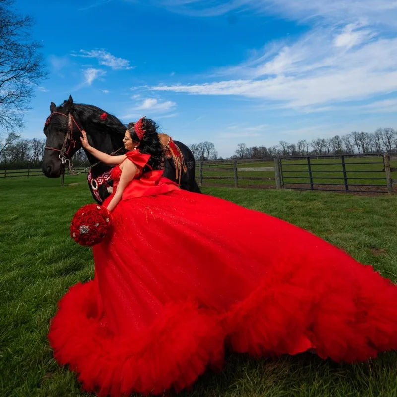 Shiny Red Quinceanera Dress off-shoulder Glitter Crystal Lace Layered Ruffle Decal Long tail Bow vestidos de 15 Quinceanera ﻿