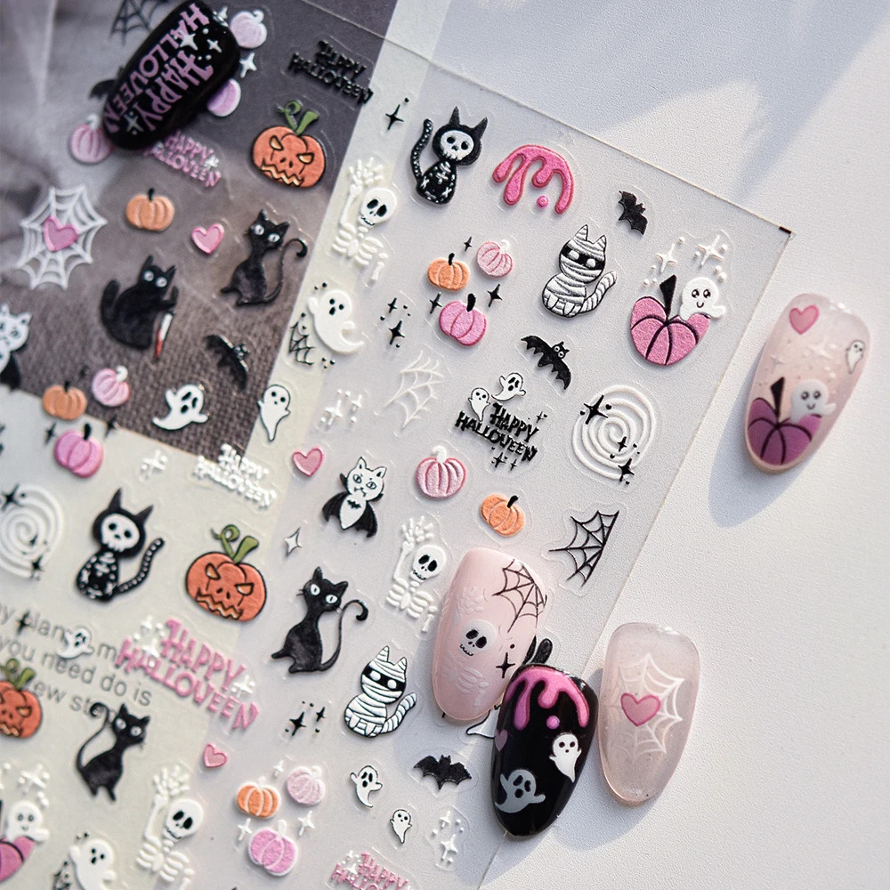 Adesivo per unghie rosa di Halloween Simpatici cuori di zucca Giocosi gatti neri Pipistrelli volanti Fantasmi Teschi glitter Kawaii Spettrale Nail Art Deca
