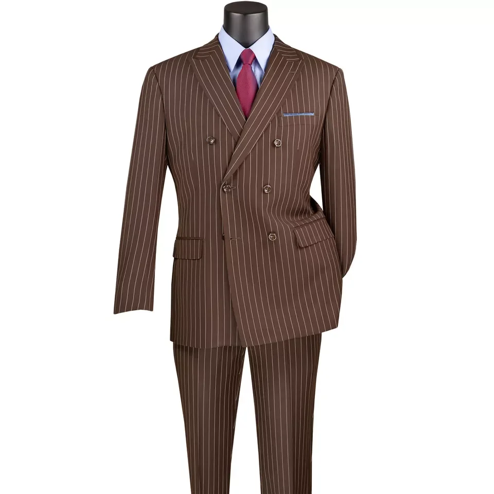 Men's Tuxedos Coffee Stripes Blazer Sets Six Buttons Jacket 2 Piece Regular Fit Pantsuits Business Coat+Pants Customized