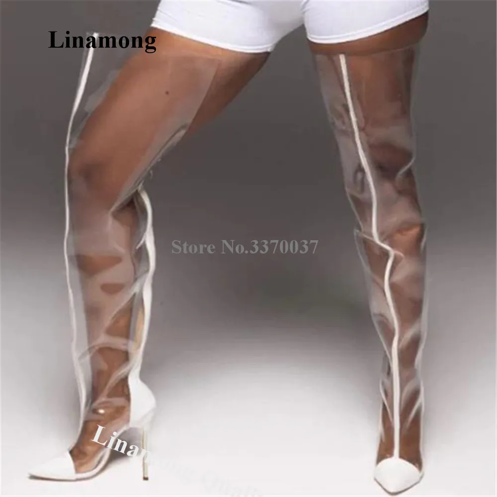 Linamong White Patent Leather Patchwork Clear PVC Thin Heel Over Knee Boots Sexy Pointed Toe Transparent Stiletto Heel Long Boot