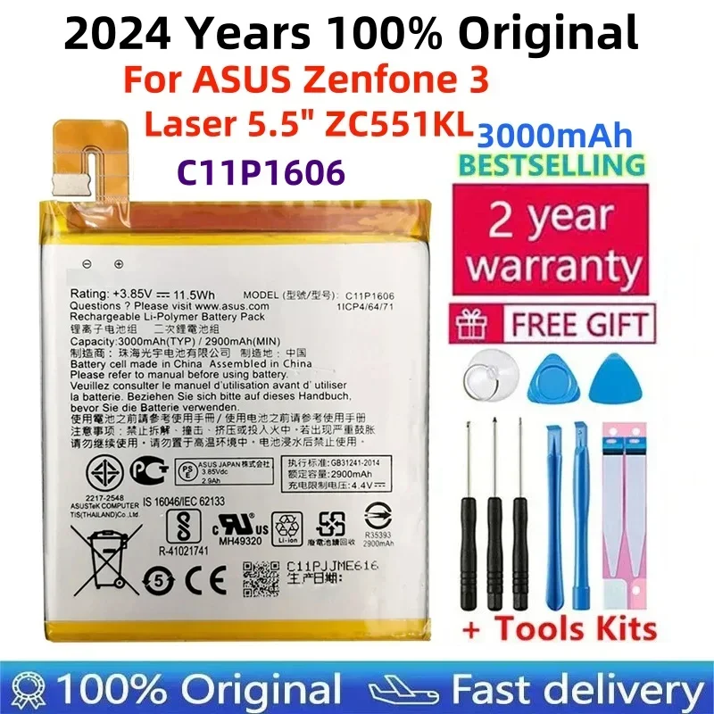 Original Phone Battery For ASUS Zenfone 3 Laser, High Capacity Batteries, Free Tools, 5.5 ", ZC551KL, 3000mAh, C11P1606