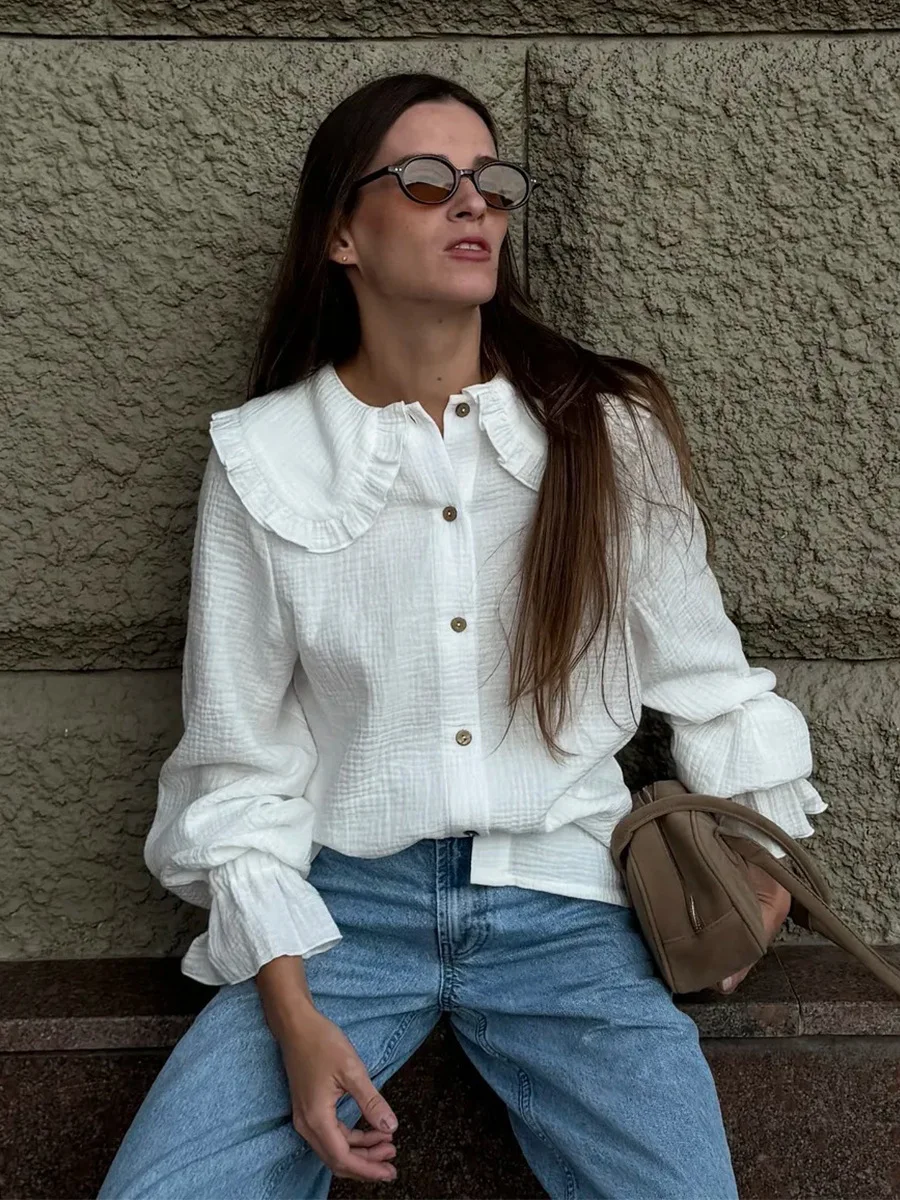 

White Cotton Lantern Sleeve Blouse Women Ruffle Peter Pan Collar Single Breasted Blouses Autumn Elegant Casual Simple Shirt Tops