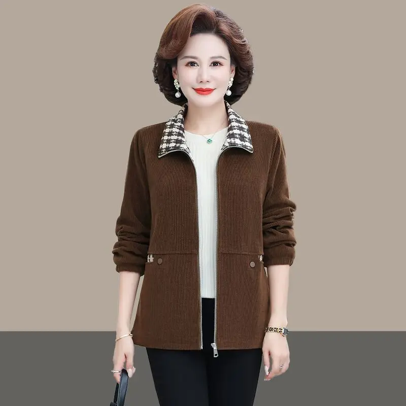 Fashion High-end Mother Spring And Autumn Plaid Stitching Corduroy Jacket Women's Western Style Age-reducing Loose Casual Jacket