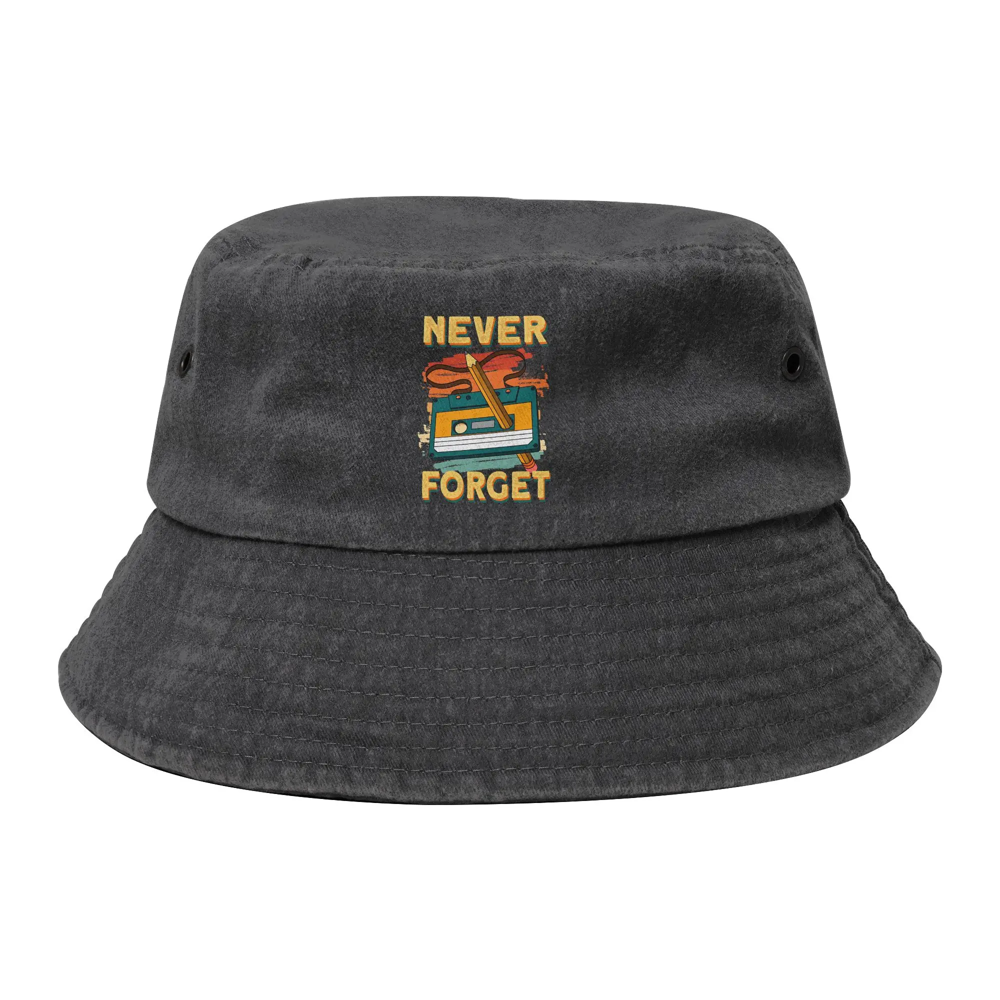 Retro Cassette Tape Never Forget 80s 90s Bucket Hats Women Outdoor Sports  Distressed Denim Fishing Hat Hot Summer Bob