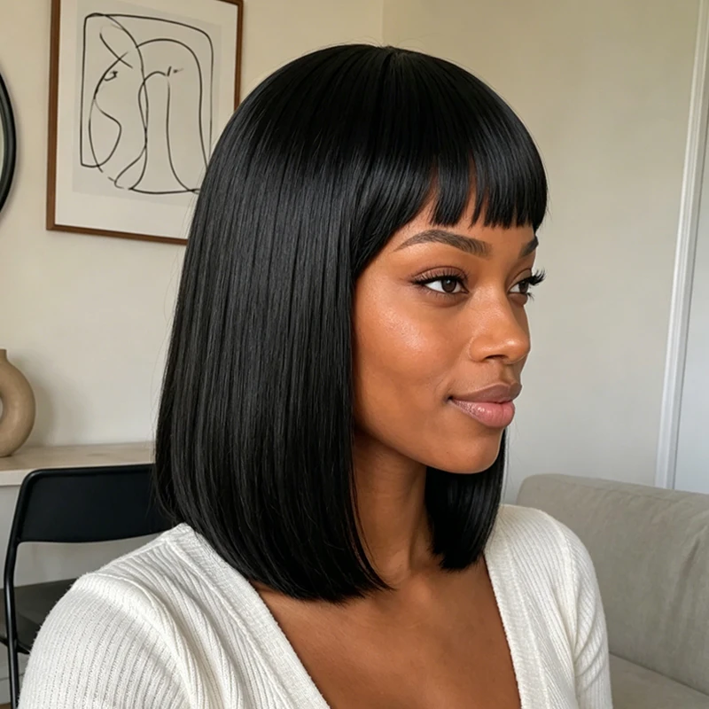 Women's 12-inch black straight hair wig, high-temperature synthetic fiber wig, fashionable, elegant and versatile style.