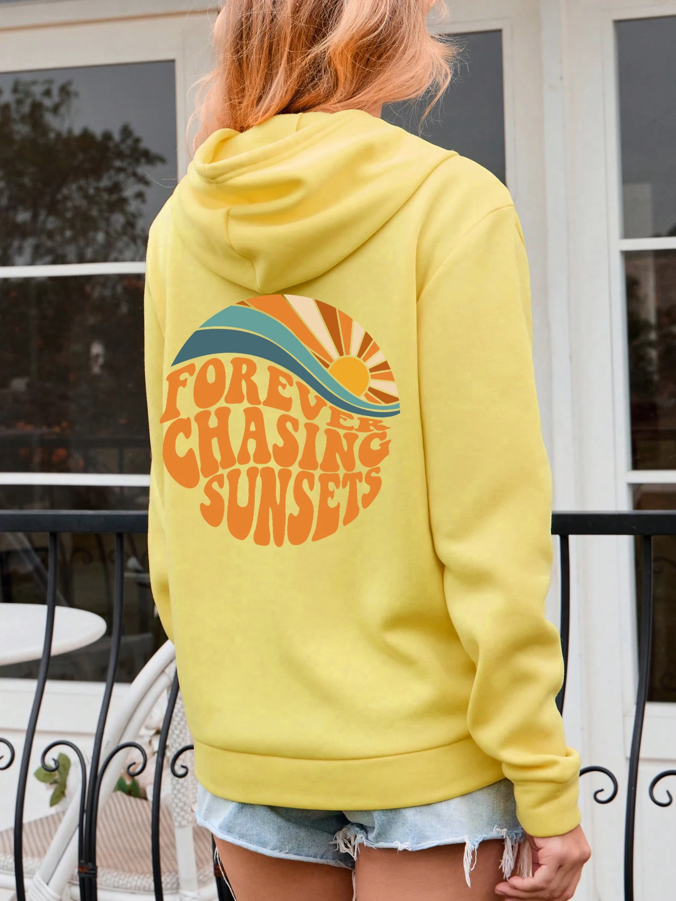 Forever Chasing Sunsets Pattern Printing Womens Hoodie Long Sleeves Pocket Sweatshirts Warm Pullover Fashion Casual Clothes