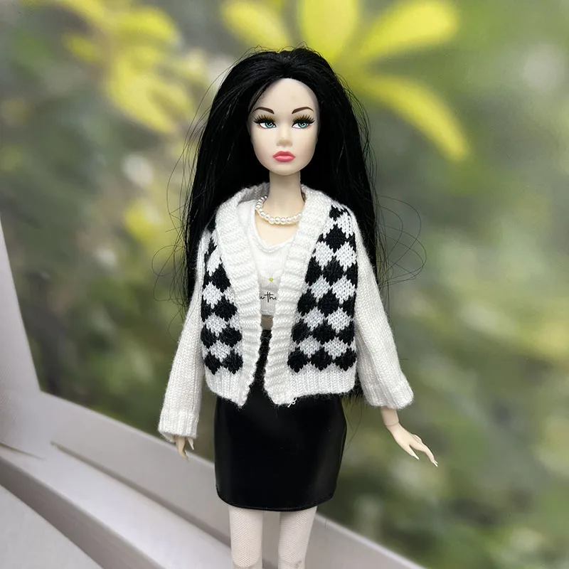 Autumn/Winter Retro Versatile Black White Diamond-pattern V-neck Cardigan For 1/6 Babi Xianxian Supermodel Doll Clothes Parts