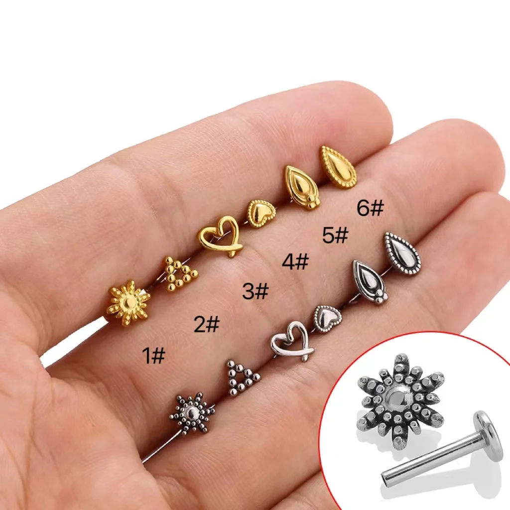 1pc Stainless Steel Stud Earrings Women Gold Plated Sun Heart Shape Stud Earrings  Labret Lip Piercing For Women