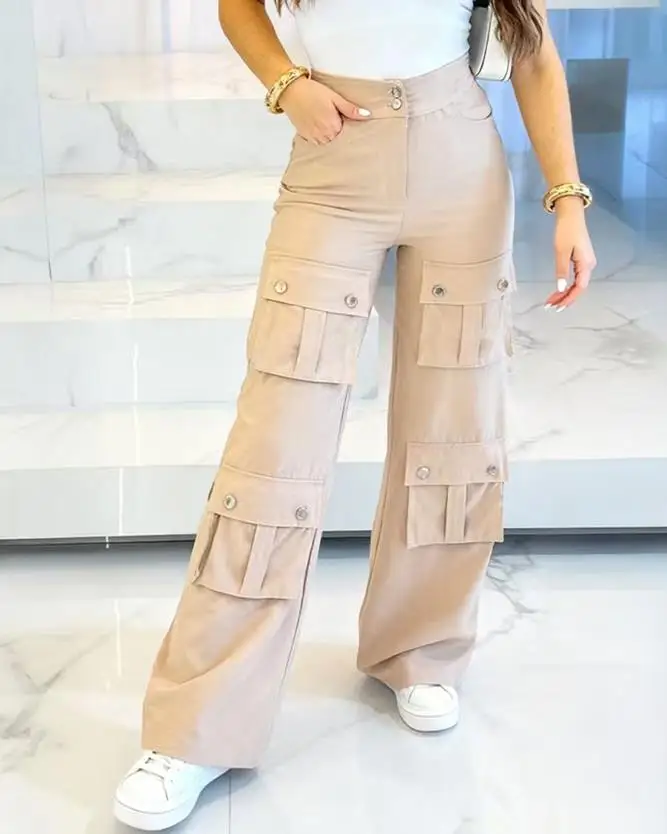 

Large Pocket Elastic Waistband Wide Leg Pants Metal Buckle Workwear Comfortable Fit Trousers