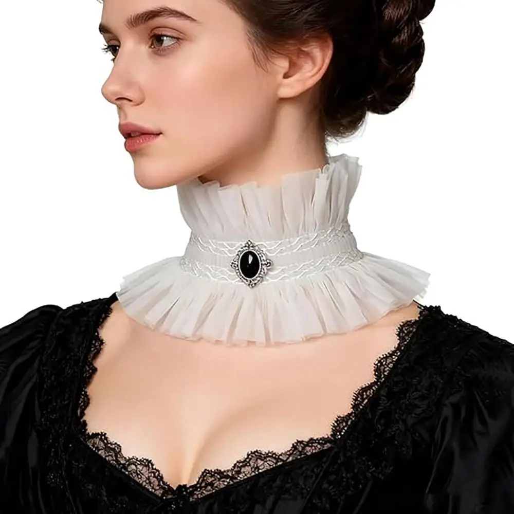 Neck Jewelry Ruffle Gothic Collar Victorian Style Gem Decorated Lace Jabot Collar Black White Victorian Neck Costume Halloween