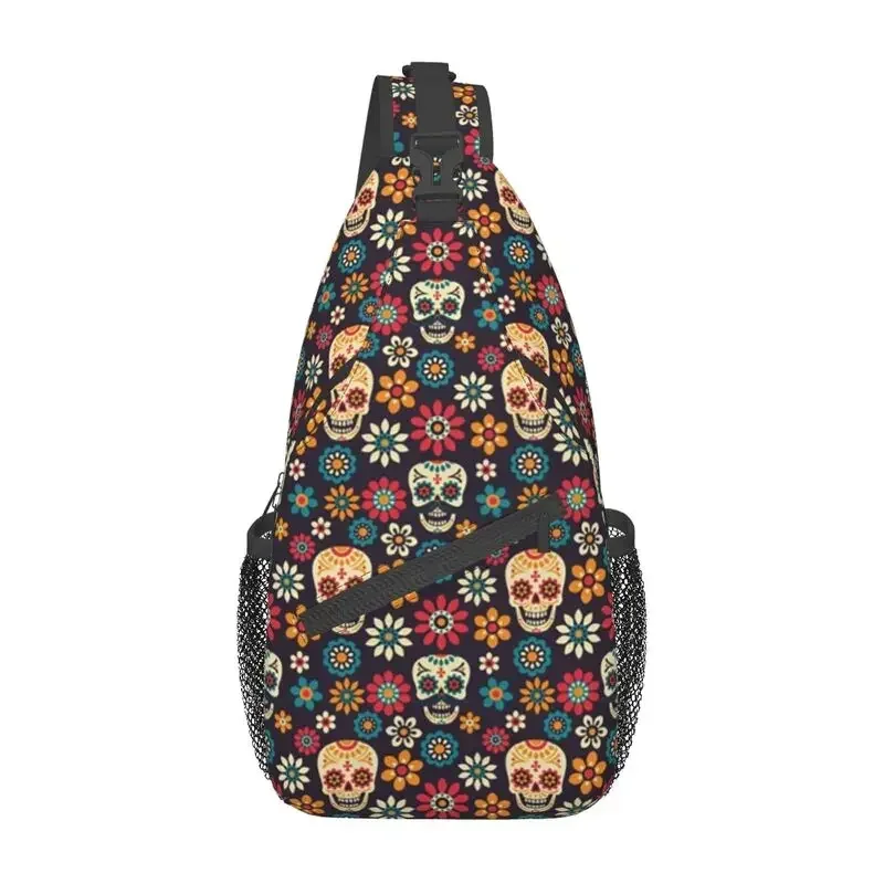 Custom Sugar Skull Pattern Sling Bag Men Cool Mexican Floral Shoulder Chest Crossbody Backpack Cycling Camping Daypack