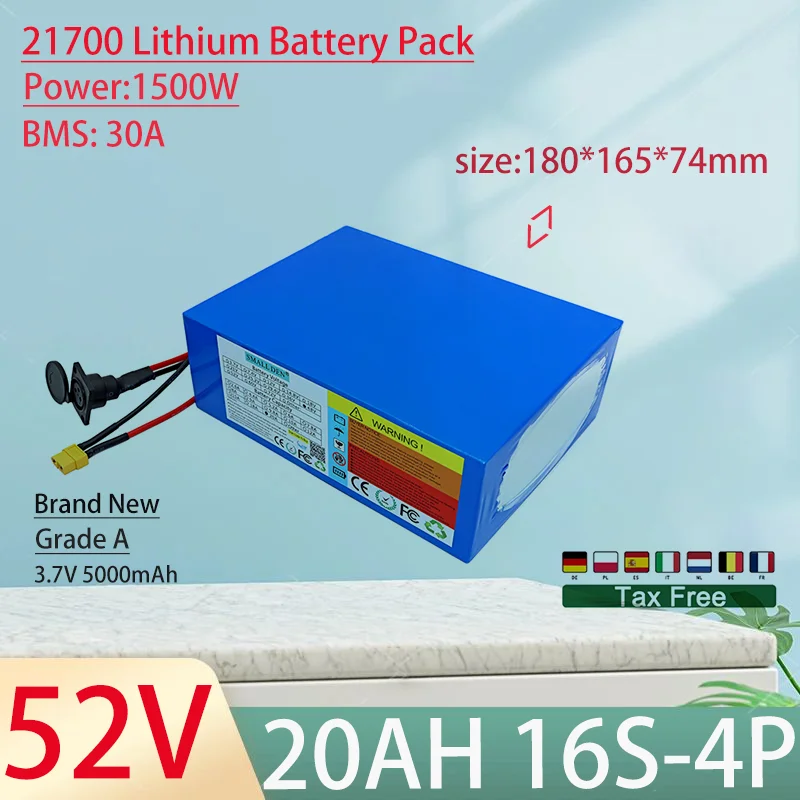 52V 20Ah 21700 14S4P Lithium Ion Battery Pack 1500W Power Tool Batteries Outdoor Backup Batteries With 30A BMS+58.8V 5A charger