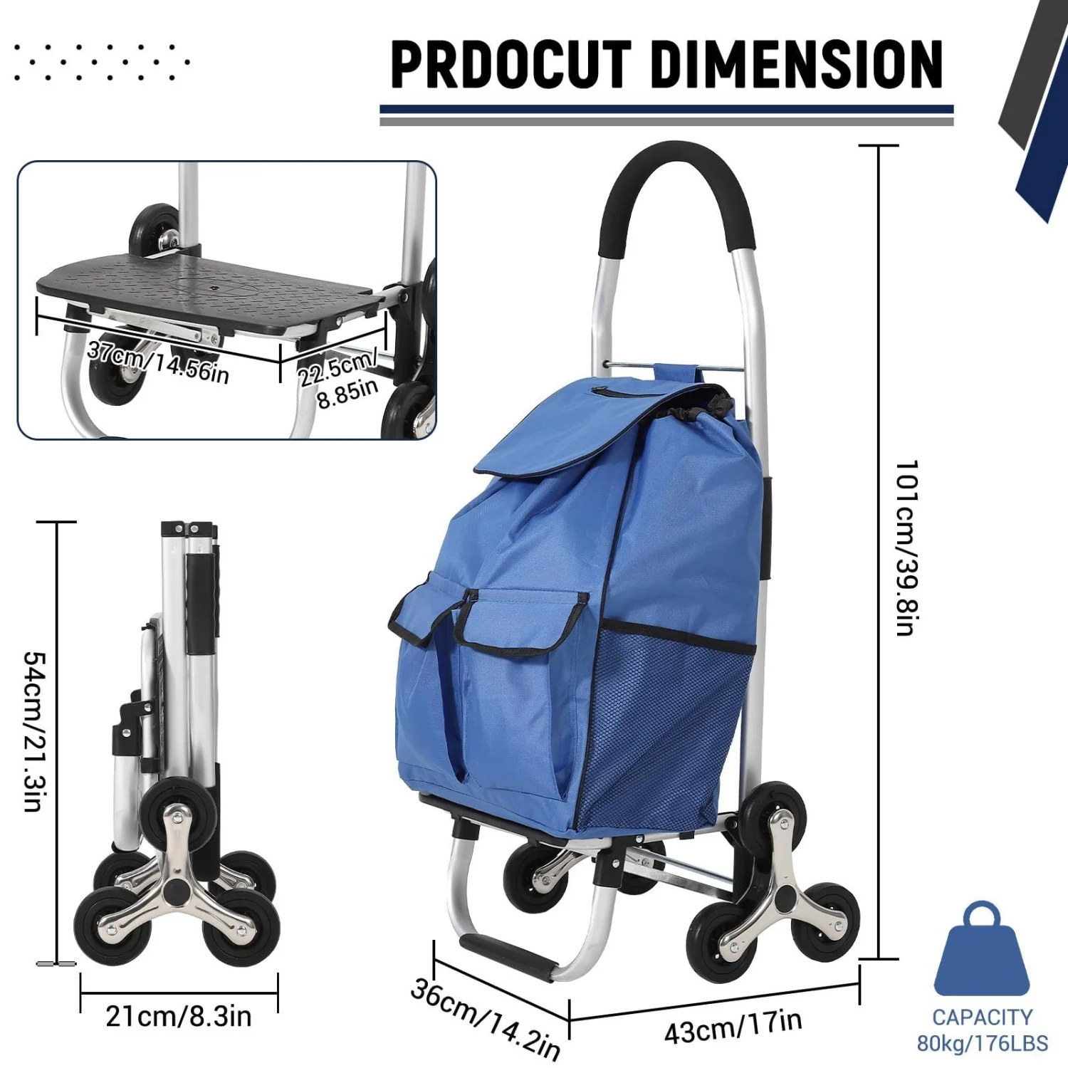 3-in-1 Heavy Duty Folding Stair Climbing Hand Truck – 176 lbs Capacity, 6-Wheel Convertible Platform Dolly with Telescoping Handle, 36L Oxford Cloth Bag, Portable Cart for Grocery, Laundry,Shopping view 4