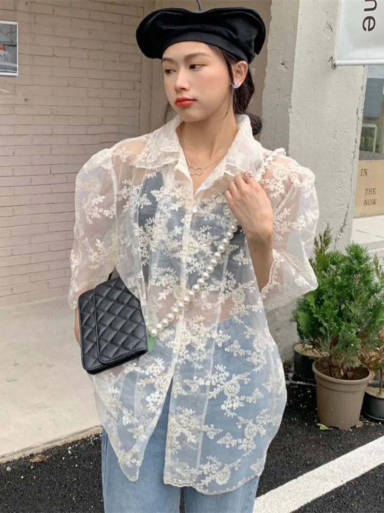 Summer Vintage See Through Temperament Blouses for Women Turn Down Collar Oversized Shirts Fashion Lace Embroidery Blouse Tops