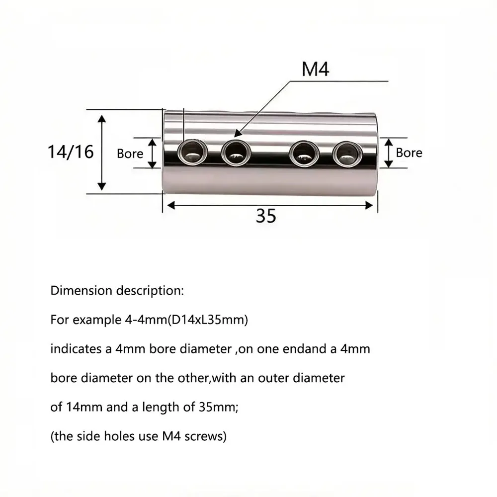 1pcs 45# Steel Long Straight Rigid Shaft Coupling, OD14/16mm L35mm Bore 4/5/6/6.35/7/8/10mm, Set Screw Type Shaft Connect