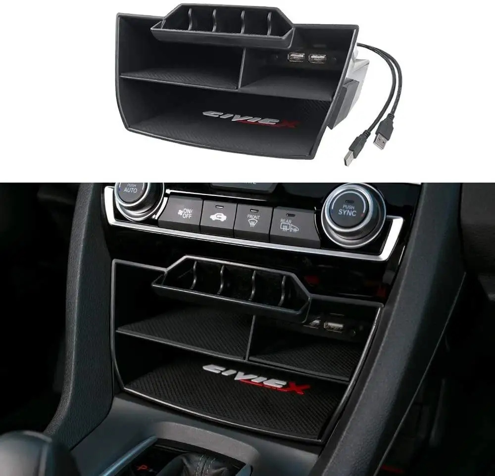 

Central Console Storage Box Coins Trays Cards Case With Usb Extension Cable For 10th Gen Honda Civic Sedan 2016-2020