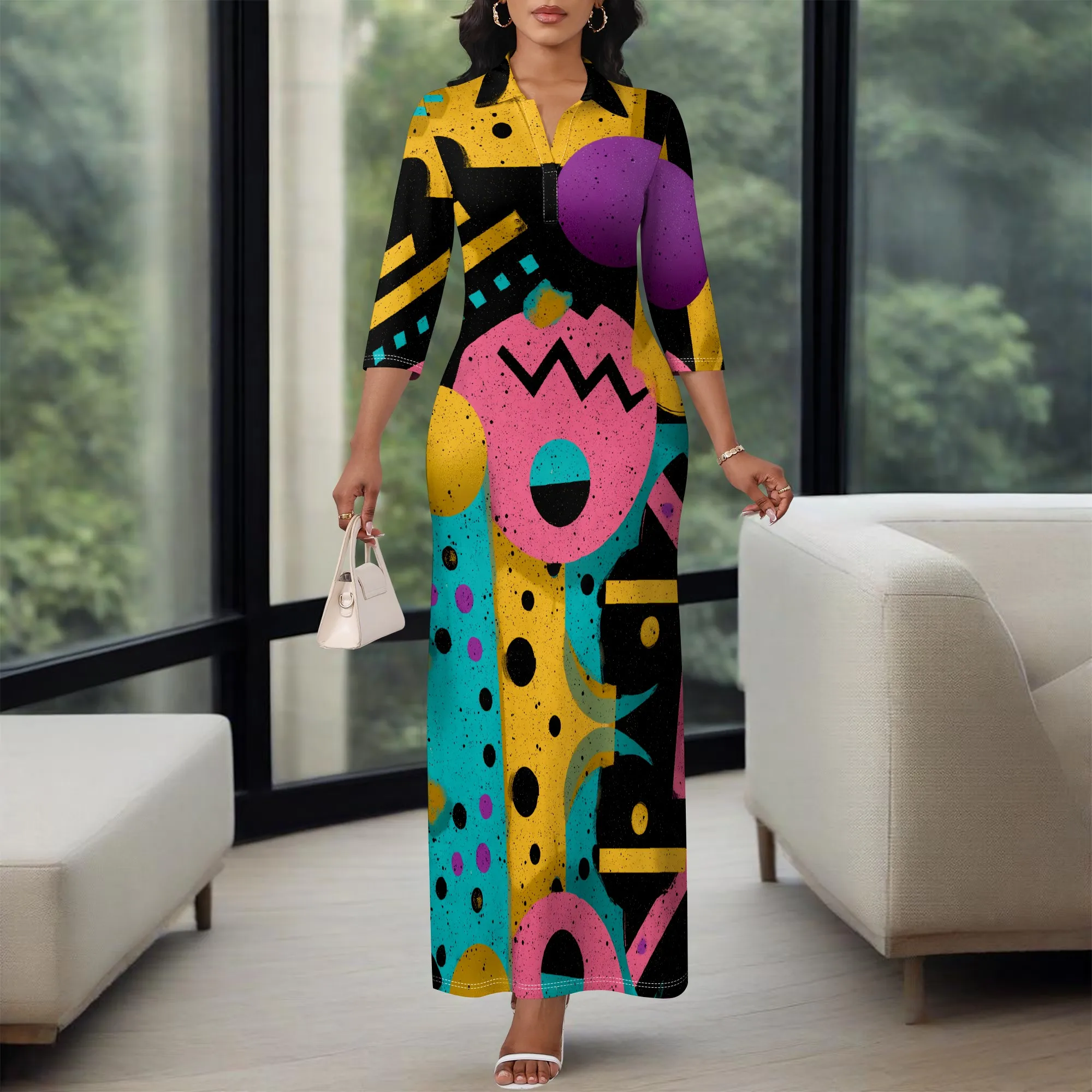 

Retro Pop Art Maxi Dress for Women XS-3XL Zip Neck Bodycon Style with 3/4 Sleeve for Club Night, Carnival or Afro Street Fest
