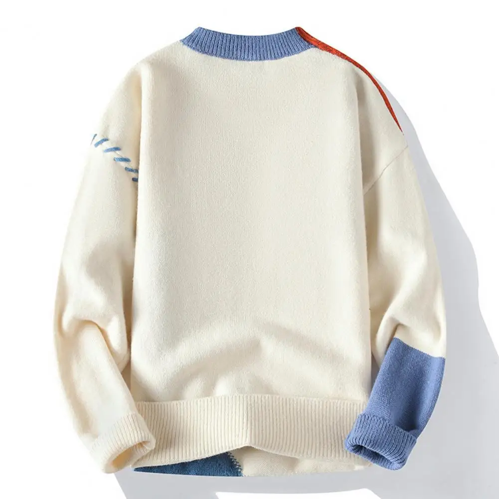 

Men Color Blocking Sweater Men's Color Block Round Neck Sweater with Slicing Design Thick Knitted Pullover for Autumn Winter