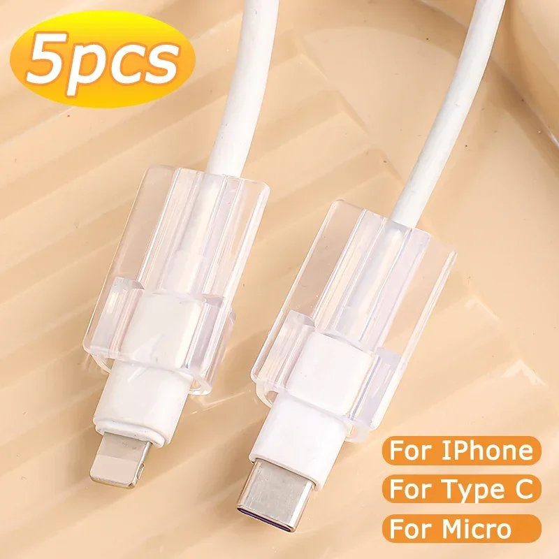 5pcs Soft Silicone Charger Cable Winder Fast Charging Cable Protector Sleeve for Apple IPhone Samusng Data Cord Clear Case Clip