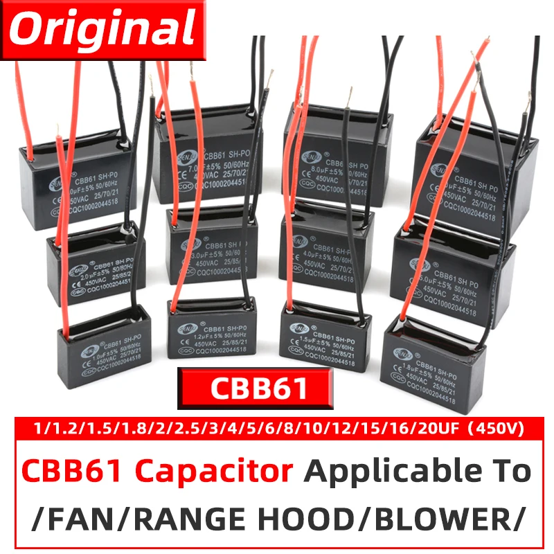 CBB61 Motor Start Capacitor 450V AC Fan Condenser1/1.2/1.5/1.8/2/2.5/3/4/5/6/8/10UF