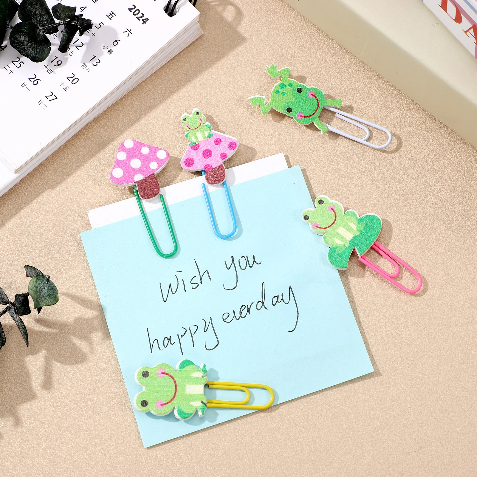 

5pcs Colorful Cartoon Paper Clips Wooden Lotus Leaf Design Stationery Office School Supplies Bookmark Clips For Kids Gift