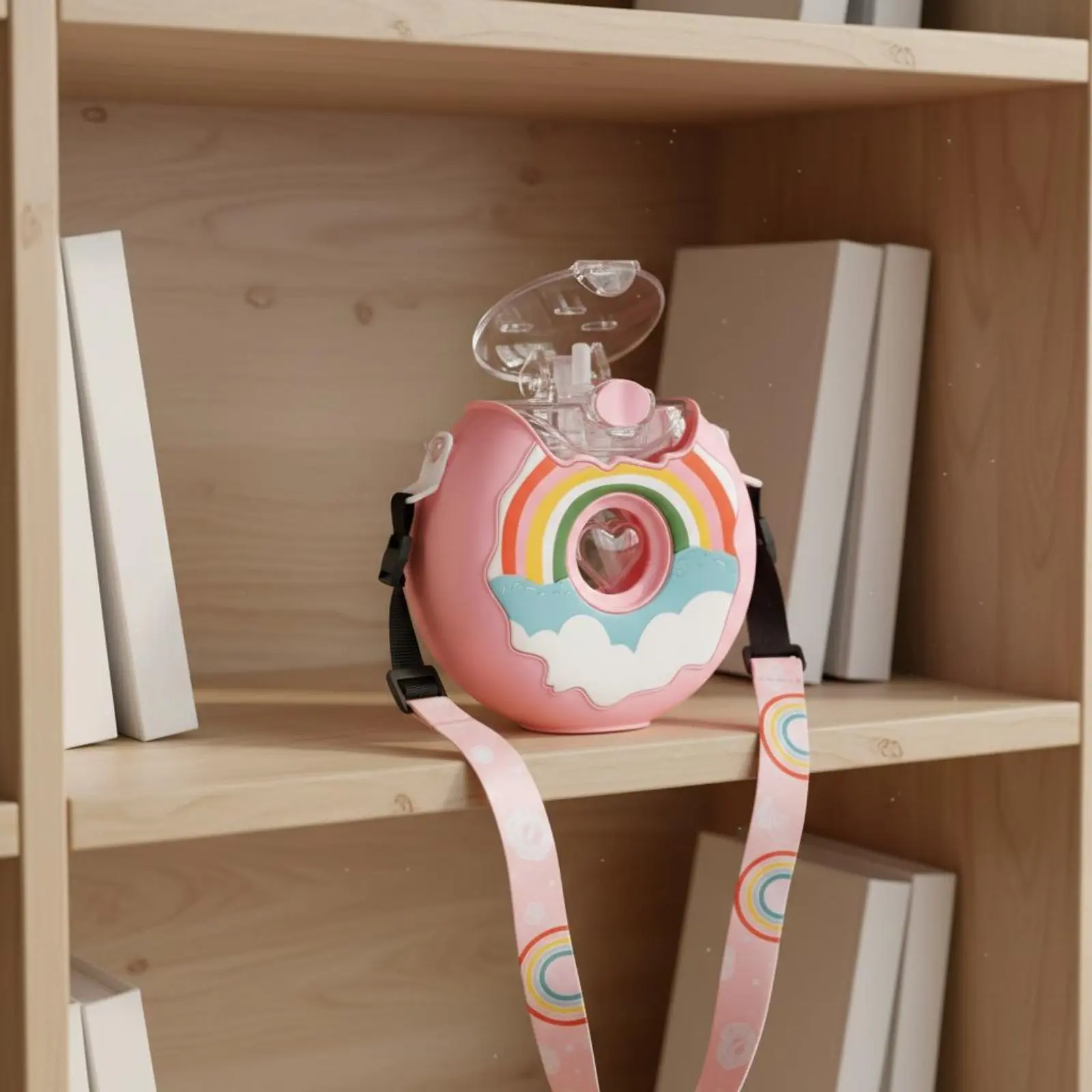 

Donut Water Bottle Leak-Resistant Donut Shaped Spout Bottle Kids Straw Bottle with Strap Reusable Portable Children's Water
