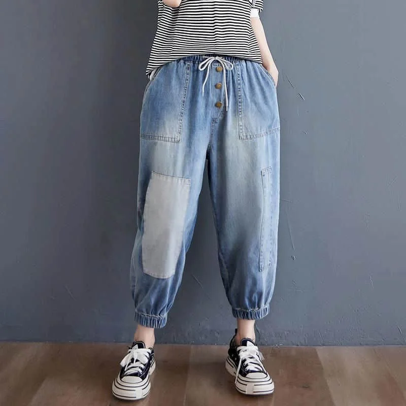 Baggy Jeans Casual 2026 Summer Loose Calf Length Denim Harem Pants Vintage Drawstring Elastic Waist Streetwear Women Clothing