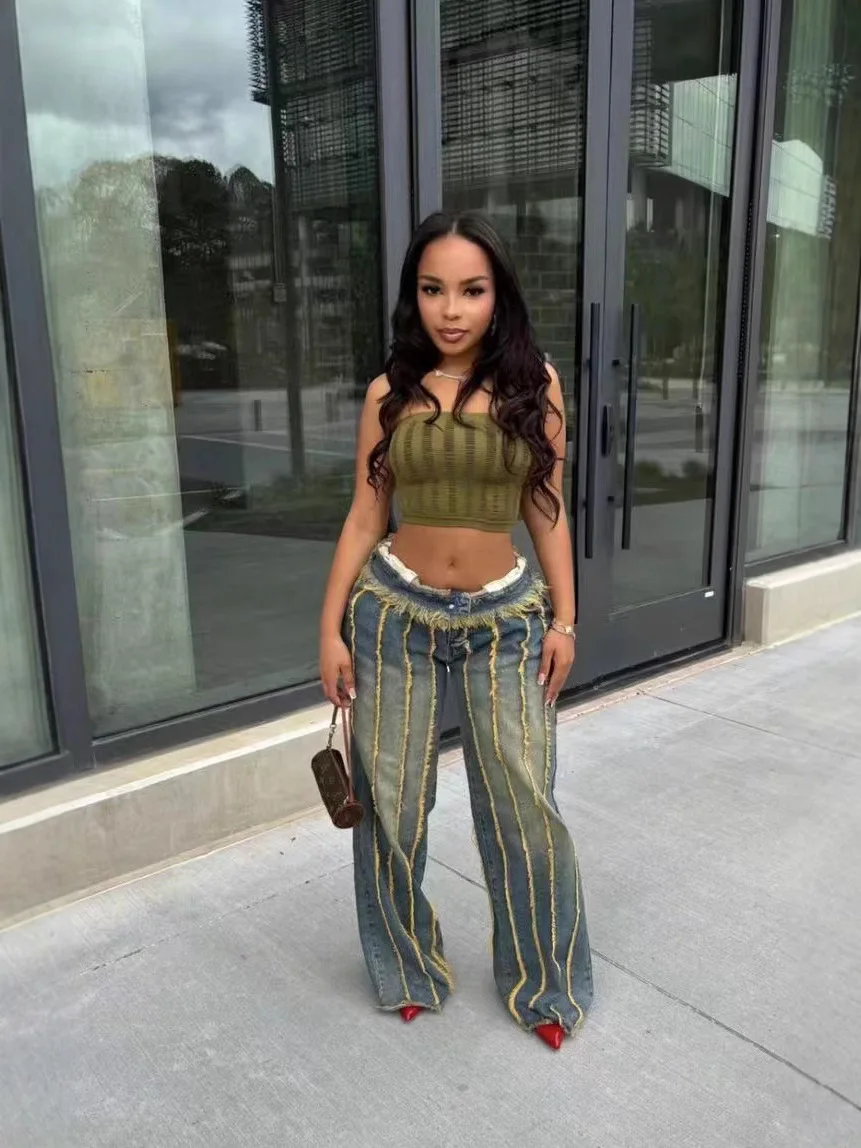 Calças de brim femininas outono inverno moda solta emenda borla estiramento denim calças rua wear casual em linha reta carga jeans