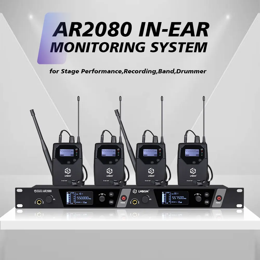 

LMBGM-AR2080 UHF 2-канальная беспроводная система внутриканального монитора Передатчик из алюминиевого сплава Музыкальная комната Система монитора с несколькими поясами
