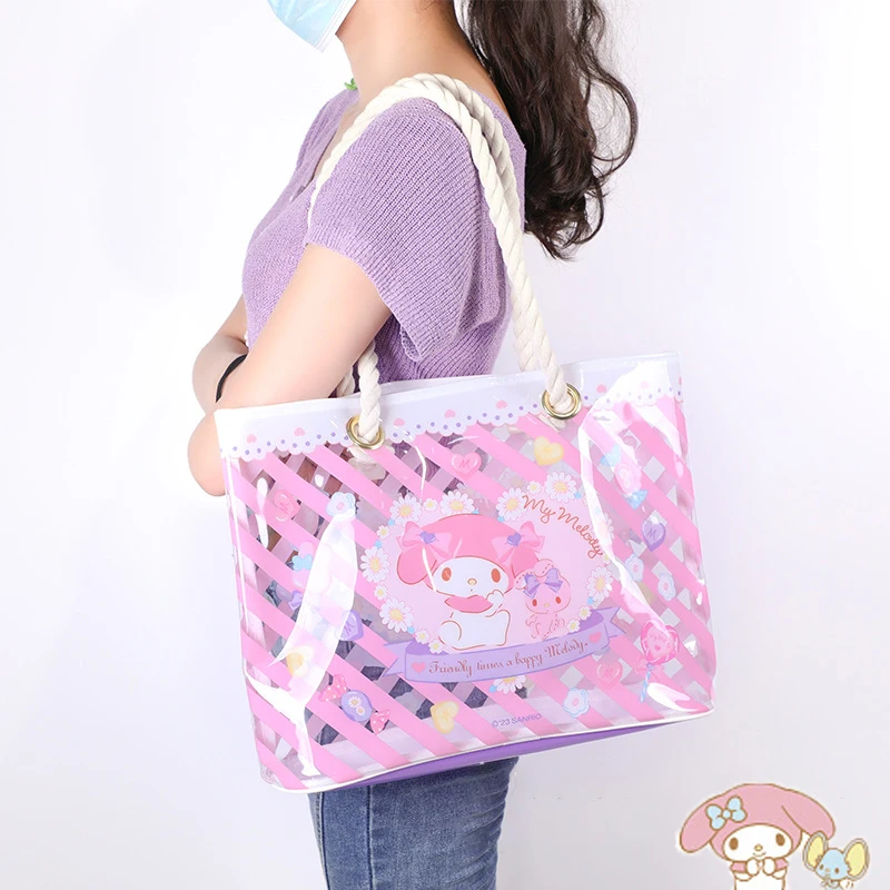 

Sanrios Cinnamoroll Kuromi Mymelody Cartoon PVC Handbag kawaii Anime Transparent Shopping Bags Reusable Totes Clutch Large Size