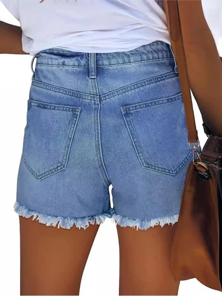 Casual Ripped Jeans Shorts For Women Fashion Streetwear Vintage High Waist Pockets Button Denim Shorts Lady Summer Clothes New