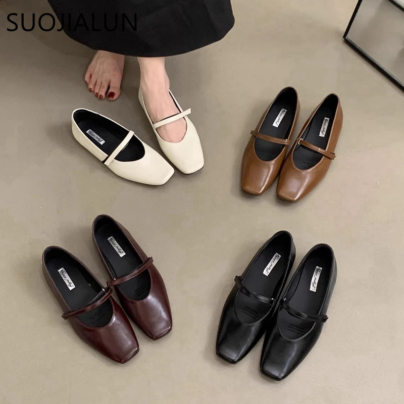 SUOJIALUN 2024 Autumn Women Flat Shoes Fashion Shallow Ladies Mary Jane Shoes Square Toe Soft Flat Heel Outdoor Casual Ballerina