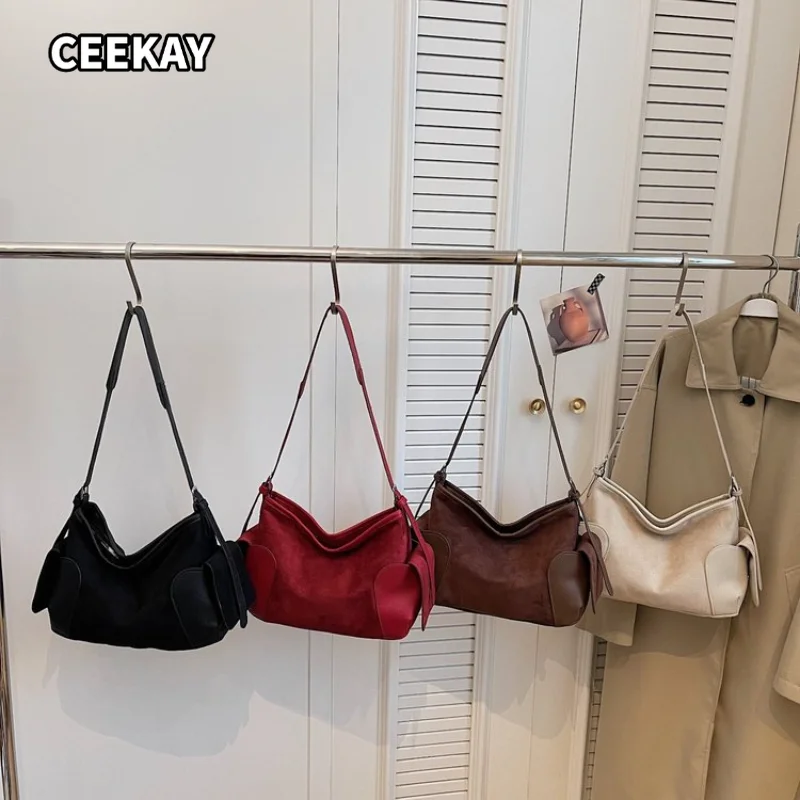 CEEKAY Women's Hobo Bag Red Suede Texture Large Shoulder Handbag Side Pocket Detail Daily Commute Casual Sweet