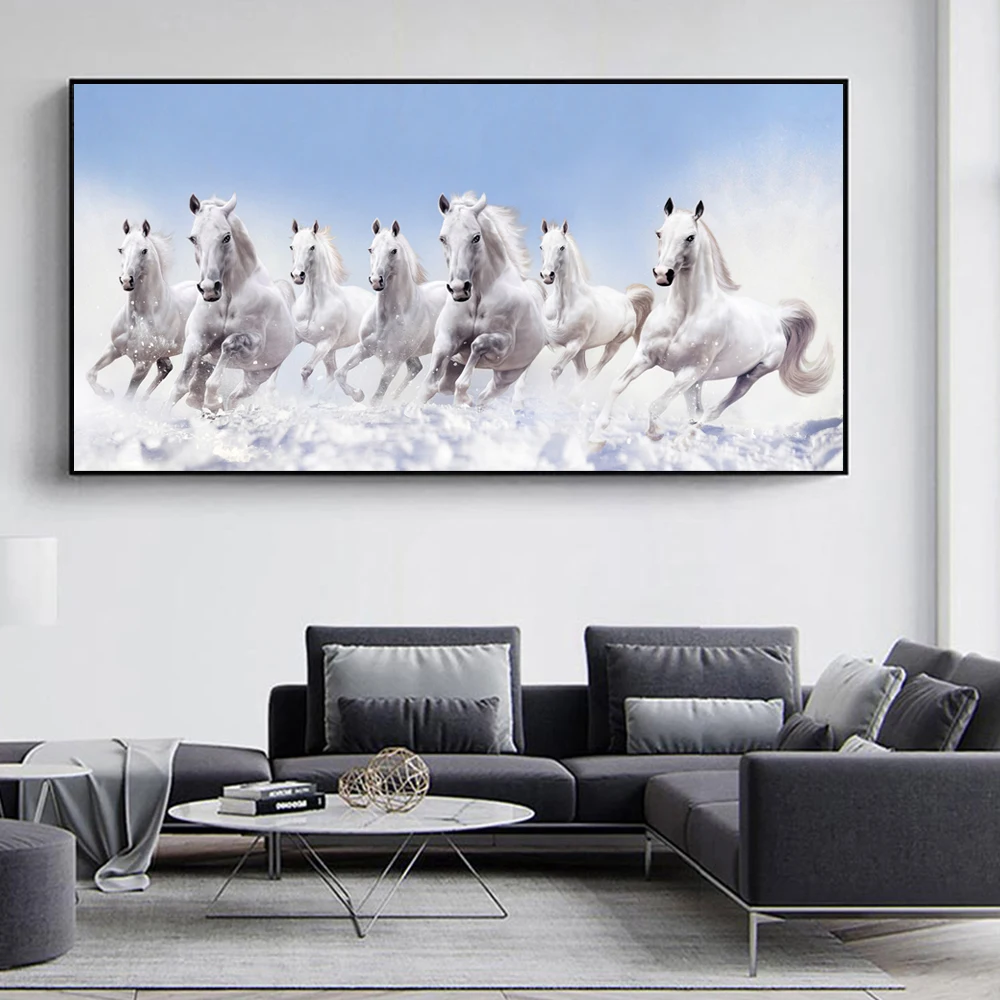 Large-sized frameless canvas paintings,1pc (No frame),7 White Running Horses Canvas Painting  Animal Posters and Prints Wall Art