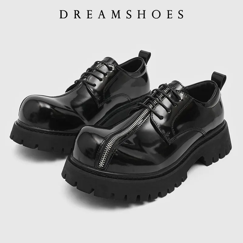 

2026 Patent Leather Platform Zipper Style Slip On Thick Tottom For Male Derby Shoes Casual Loafers Round Toe Formal Dress Shoes