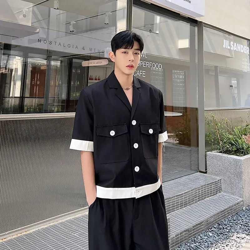 2-A57 Summer niche high-end cuciture in bianco e nero contrasto colore short-seed suicket uomo stile coreano casual bei capelli