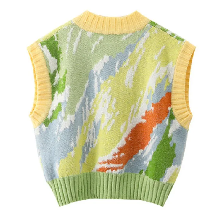 Vintage Colour Tie Dye V-neck Pullover Mujer Spring Autumn New  Knitted Sweater Vests  Y2k E-Girl Sleeveless Tops Women