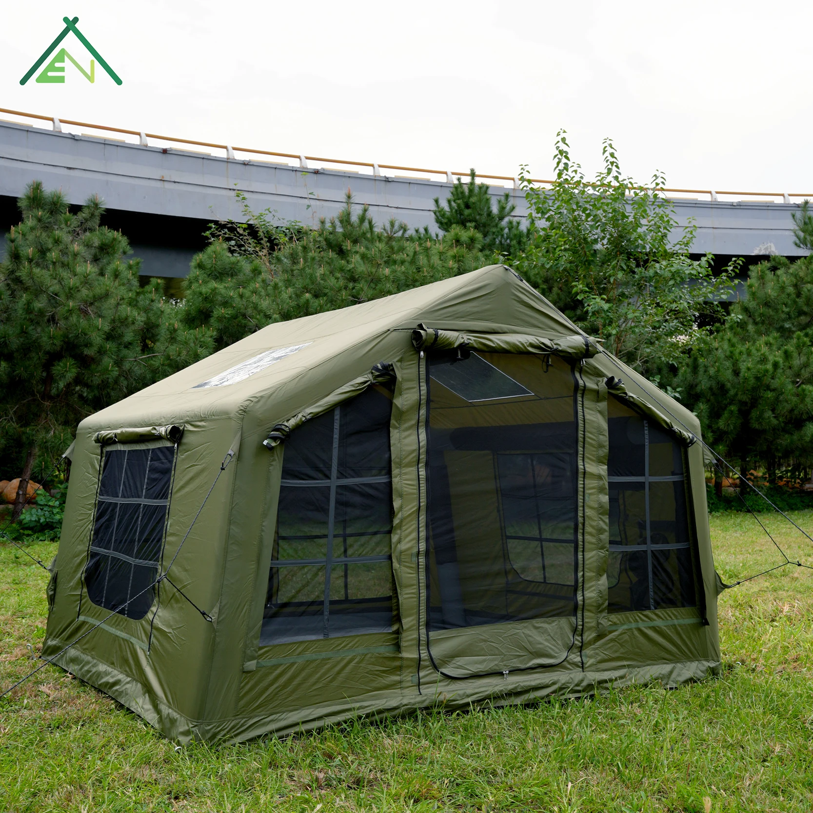 Army Green 8 Square Meter Four-season 2-3 Person Heavy Duty Waterproof Inflatable Camping Tent With One Bedroom & Living Room