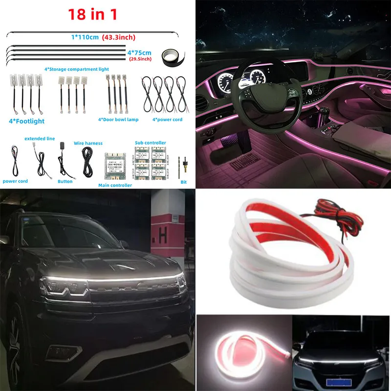 

Universal 18 In 1 Dual Zone LED Car Ambient Light RGB Led Acrylic Strip Auto Engine Hood Guide Decorative Ambient Lamp 12V