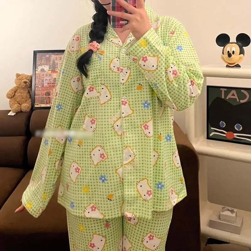 

New Sanrio Kit Cat Spring Autumn Pajama Set Cotton Women Homewear Cute Cartoon Fresh Green Plaid Long Sleeve Long Pants Wearable