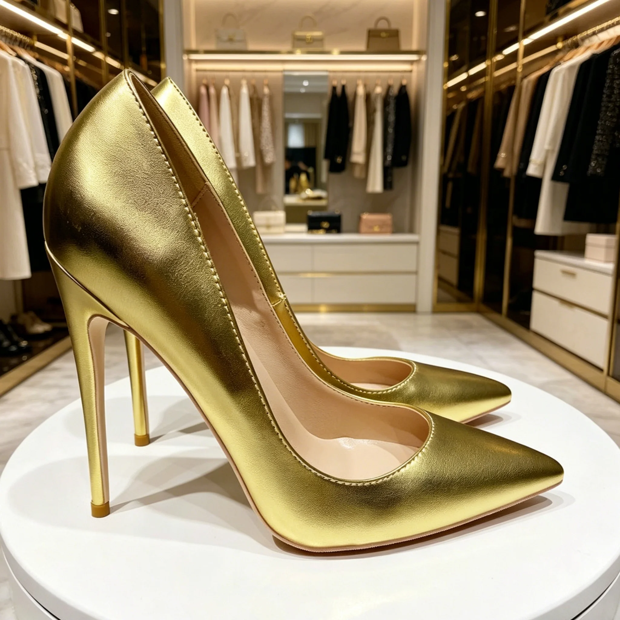 Gold Matte Sheep Pattern Single Shoe Comfortable 34-43 Size Red Sole DE 8-10-12cm Slim Heel Super High Heels Shallow Pointed Toe view 2