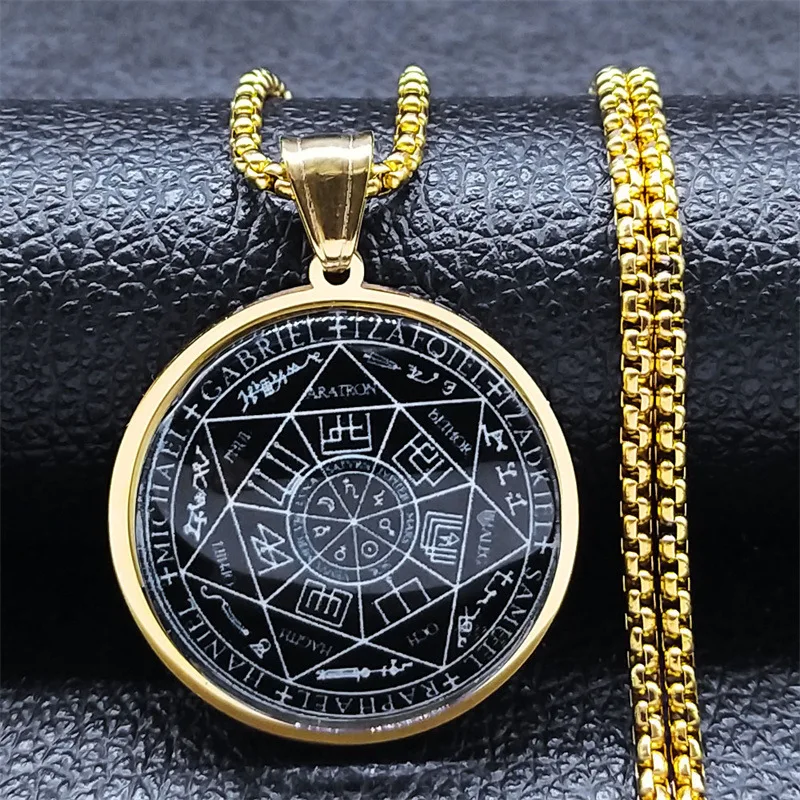 Seal of Seven Archangels Medal Stainless Steel Glass Necklace Seal of Solomon Talisman Necklace Protection Jewelry Collar Hombre
