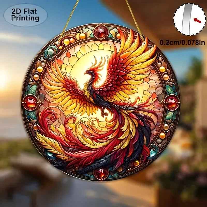 "أسطوري 2D Phoenix Sun Surcular Suncatcher - لوحة فنية جدارية أكريليك متينة لديكور المنزل على مدار العام |   هدية متحركة فريدة من نوعها
