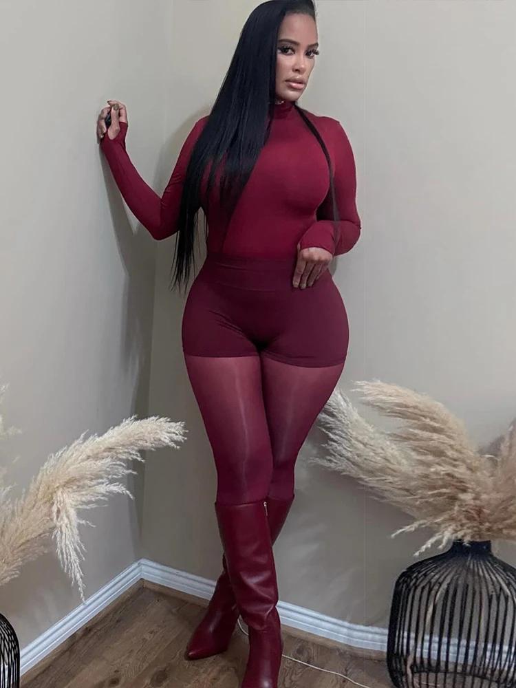 

Whatiwear 3 Piece Set Woman Hipster Mesh Patchwork Full Sleeve o-Neck Tops+Skinny Bottoms+Long Pants Sexy Midnight Party Suits