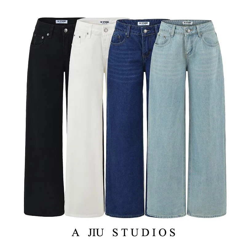 

Low Waist Straight Leg High Street American Retro Denim Jeans Women's Wide Leg Casual Loose Fitting Floor Length Pants