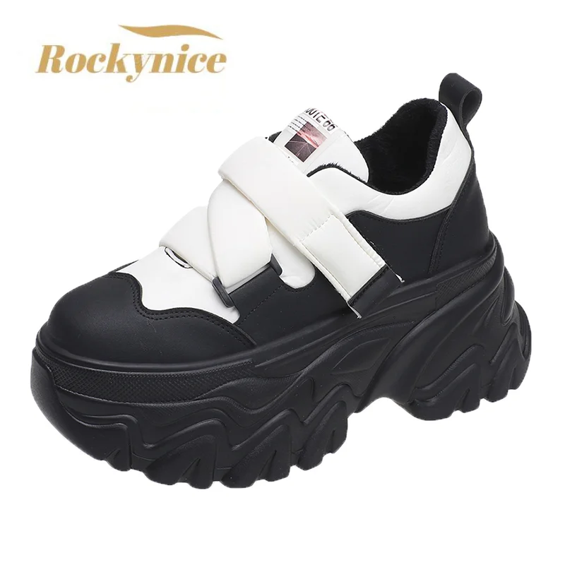 

New Women Winter Warm Leather Shoes High Platform 8CM Wedge Heels Fur Sneakers Ulzzang Plush Chunky Casual Sport Dad Shoes Woman